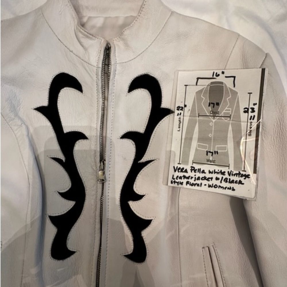Vera Pelle Vintage White Leather Jacket with Black Design Size XL - Picture 3 of 10